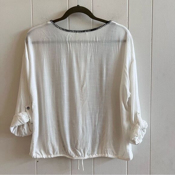 Lovestitch Bohemian Embroidered Tie Front Button Down Blouse - Picture 7 of 12